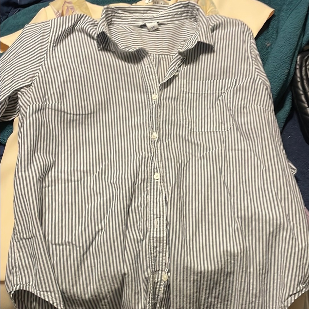 Gray and White Button Down Shirt with Classic Stripes